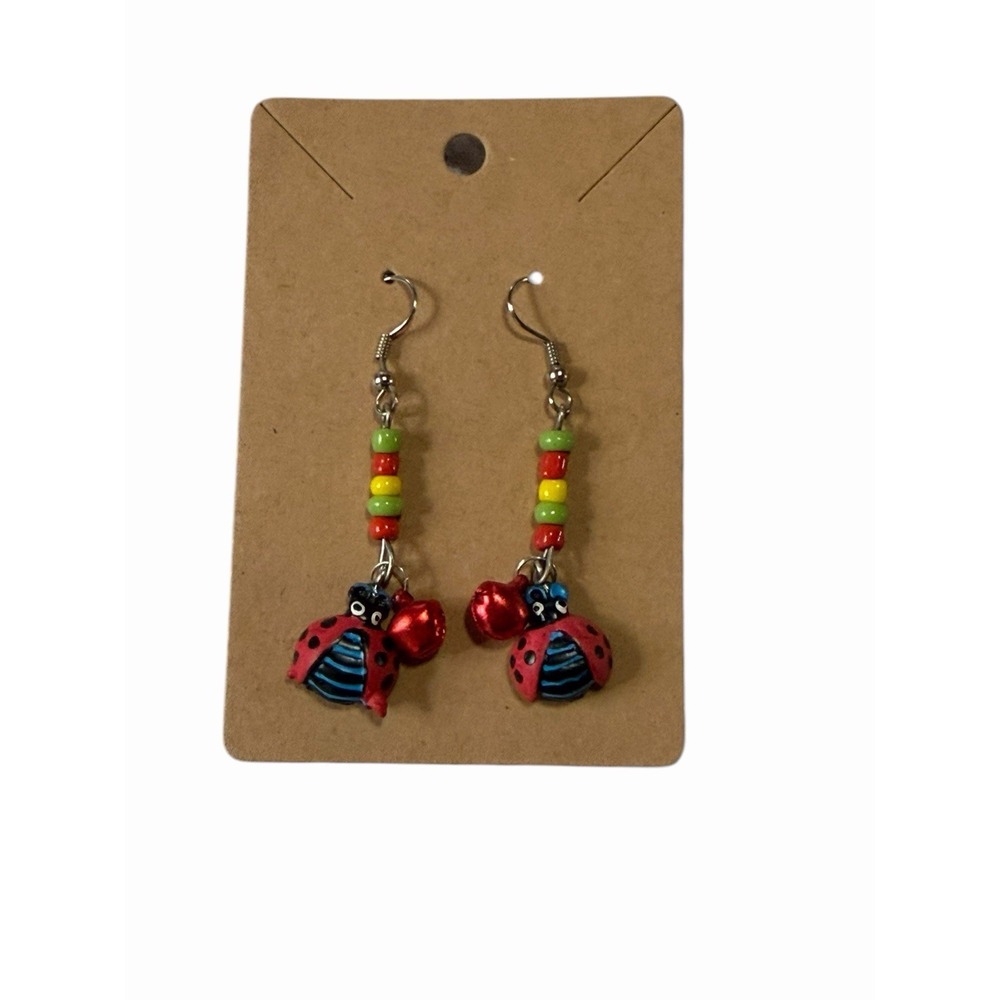 Ladybug Jingle Bell Dangle Earrings Red Blue Beaded Nature Jewelry
